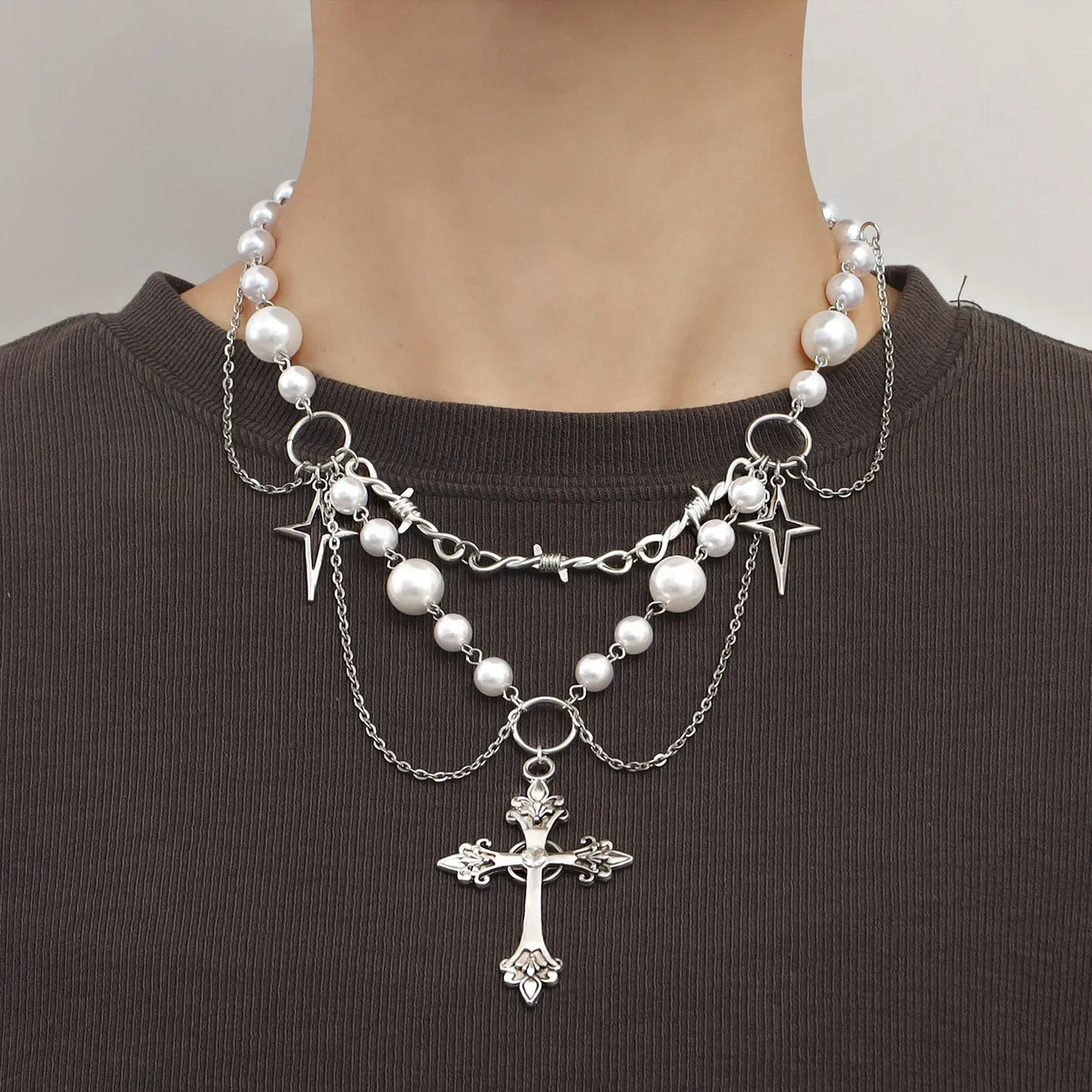 Pearls Heart Cross Necklace