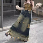 Grunge Distressed Denim Maxi Skirt