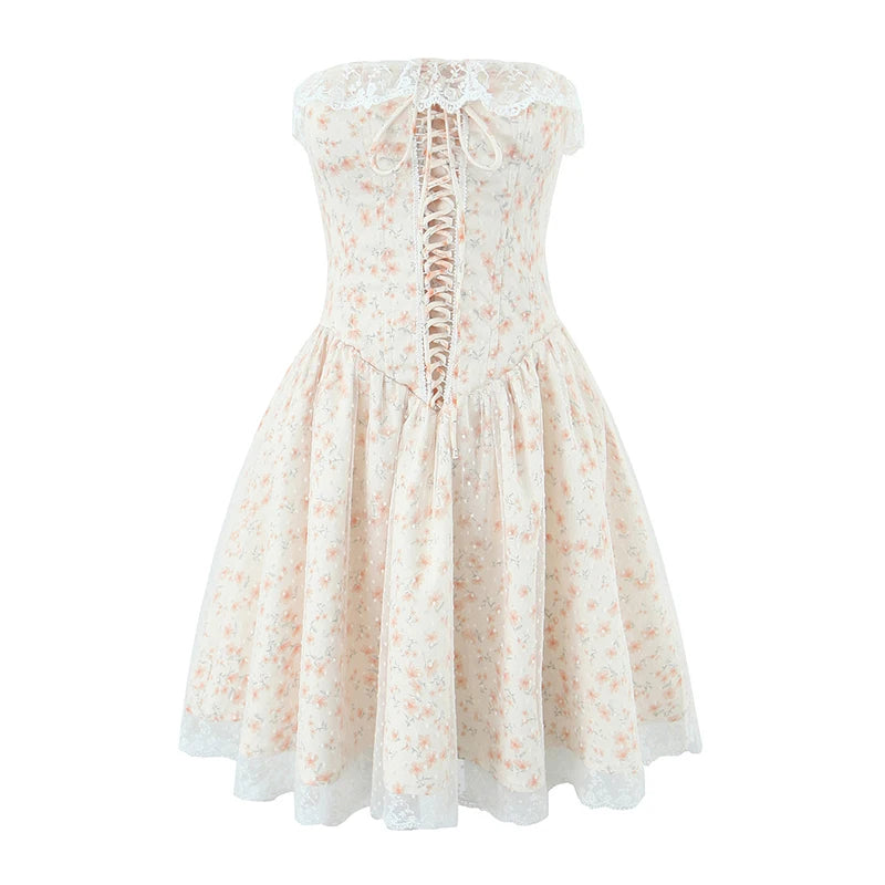 Cottagecore Off Shoulder Lace-Up Corset Dress
