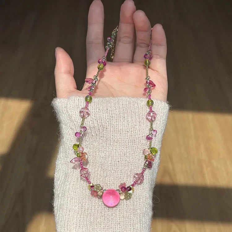 Pink Green Fairycore Beaded Necklace