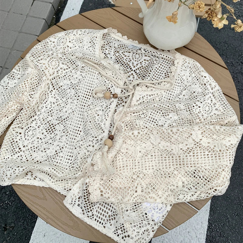 Mori Girl Hollow Crochet Tie-Front Cardigan