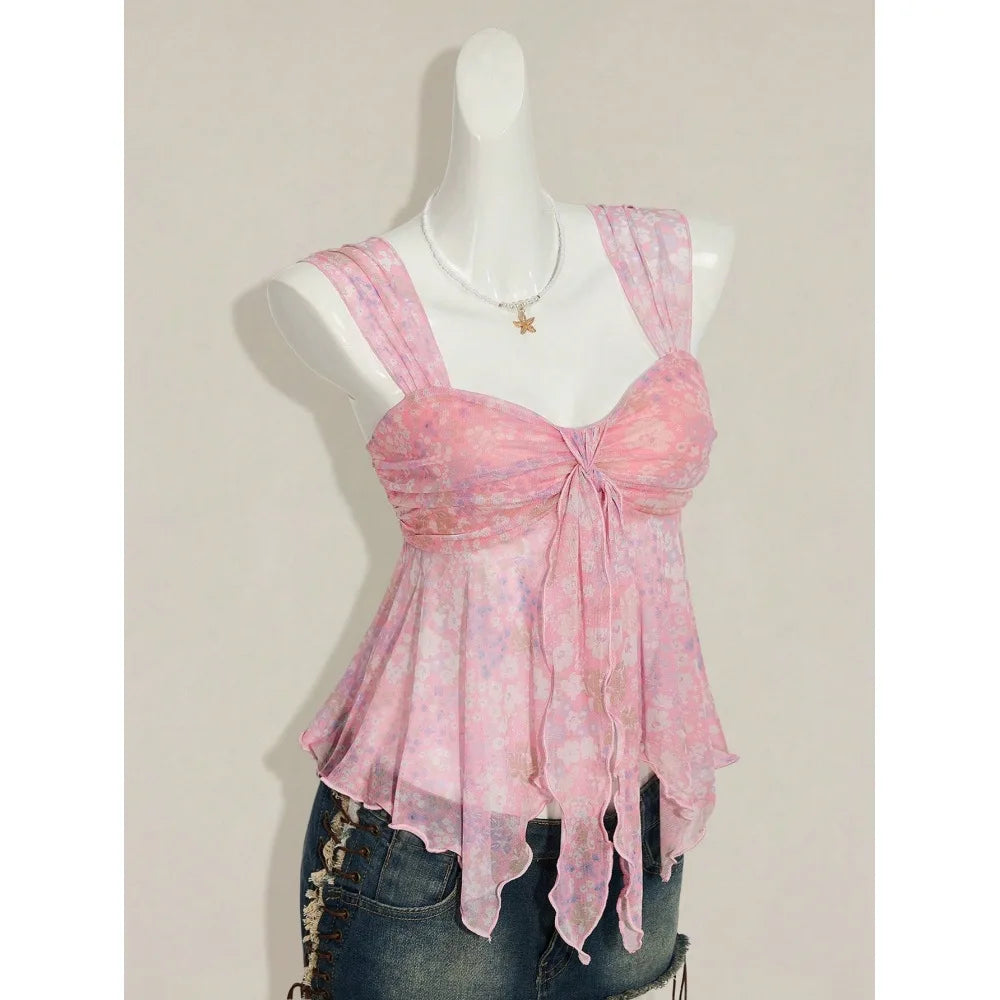 Fairycore Aqua Blossom Ruched Tie-Front Top
