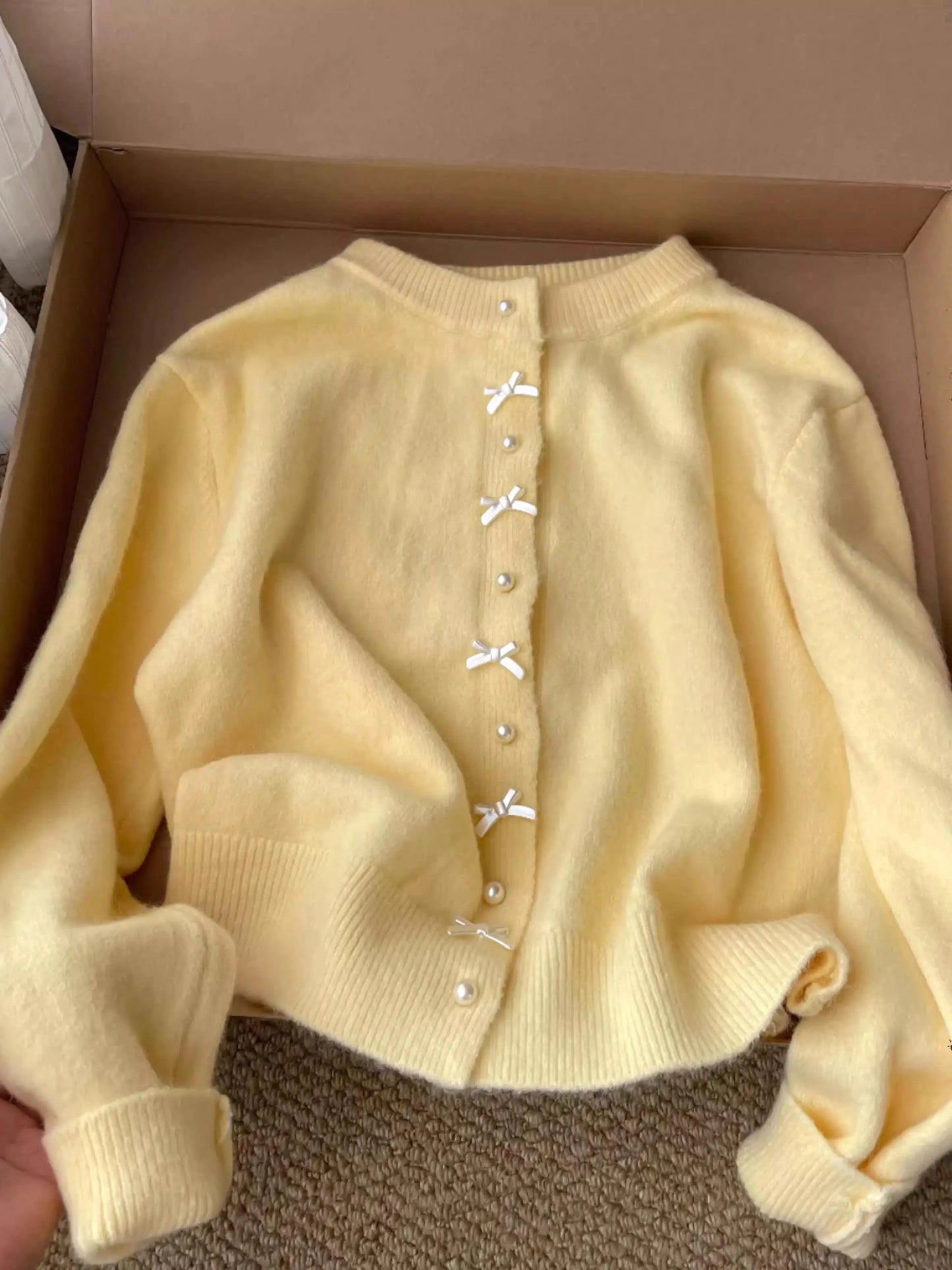 Fairycore Buttercream Pearl & Bow Knit Cardigan