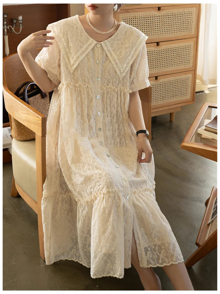Mori Girl Cream Lace Sailor Collar Midi Dress