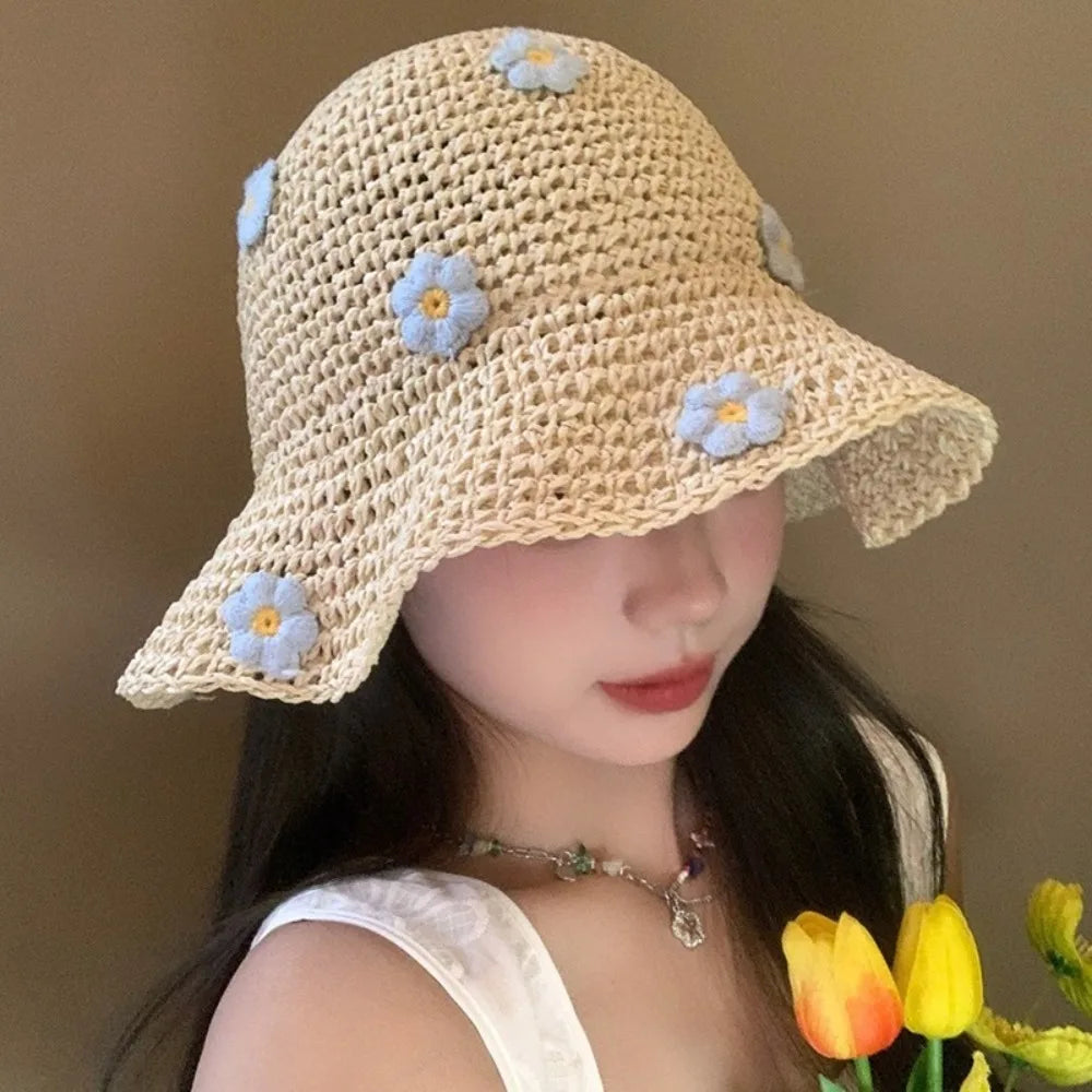 Cottagecore Forget-Me-Not Crochet Bucket Hat