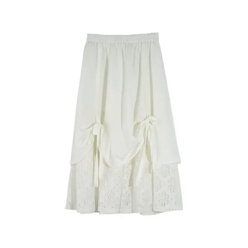 Mori Girl Layered Eyelet Midi Skirt