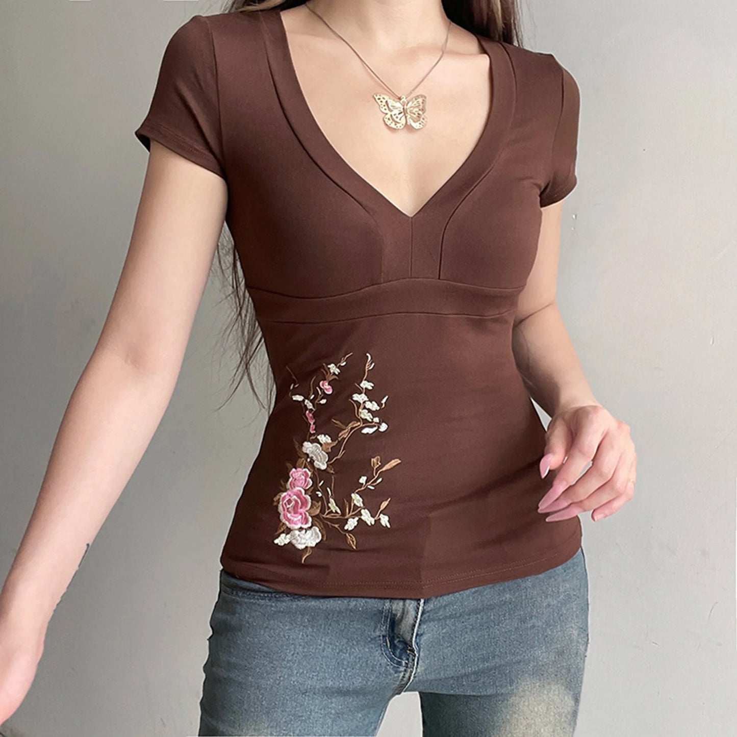 Dark Cottagecore Embroidered Bow-Tie Fitted Tee