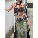 Fairy grunge Distressed Forest-Inspired Denim Skirt