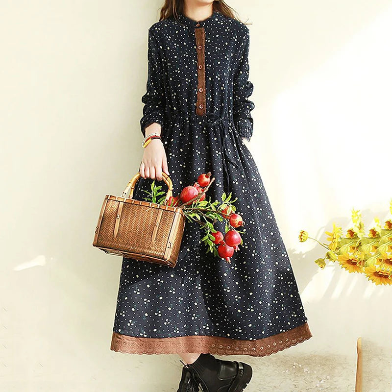 Mori Girl Polka Dot Button-Up Midi Dress