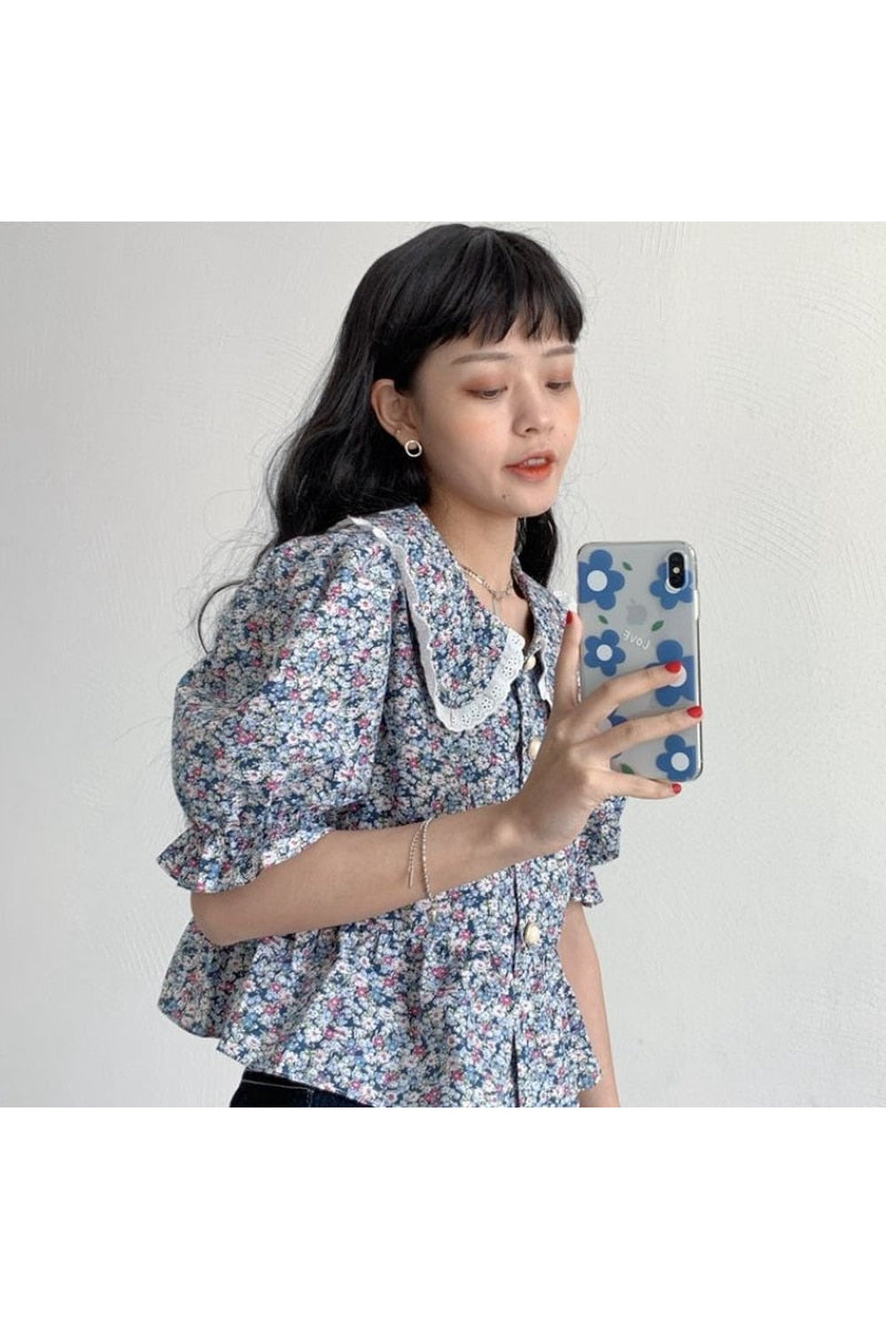 Blue Floral Lace Collar Shirt cottagecoreclothes