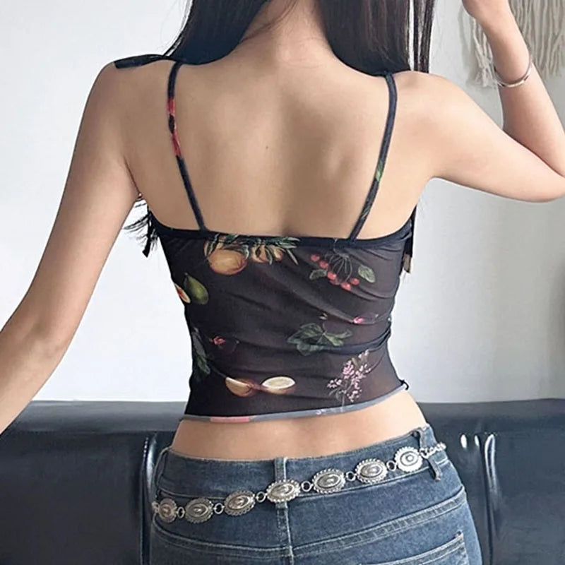 Dark Cottagecore Floral Mesh Crop Top