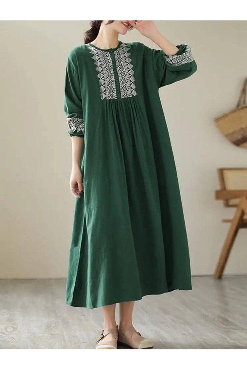 Geometric Embroidery Cotton Dress cottagecoreclothes