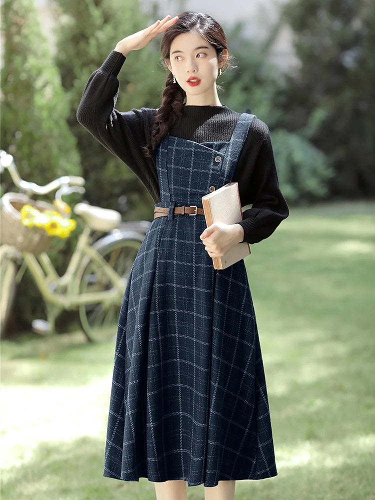 Retro Brown Plaid Apron Dress