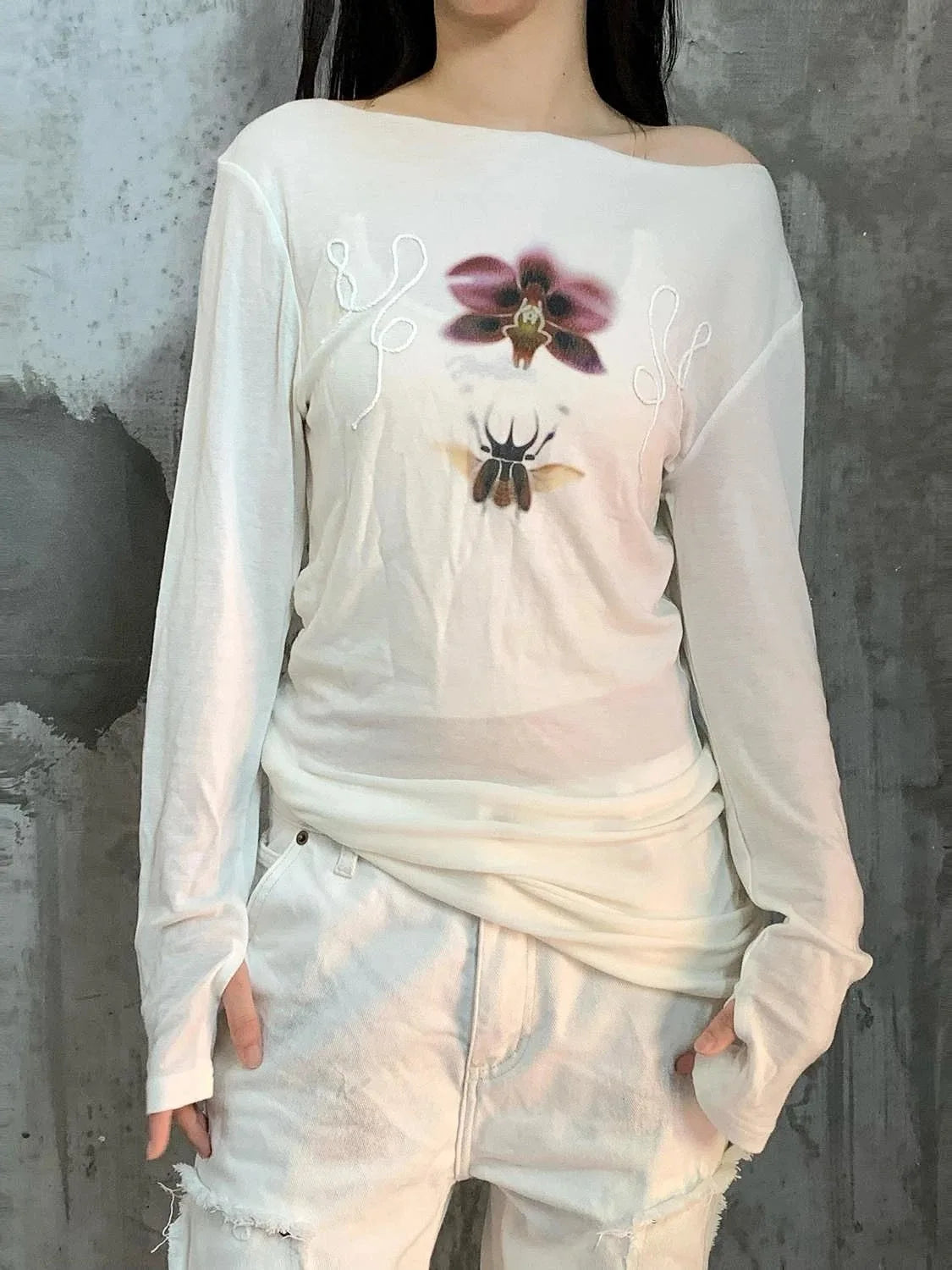 Fairycore Langarm-T-Shirt mit Schmetterlingsprint