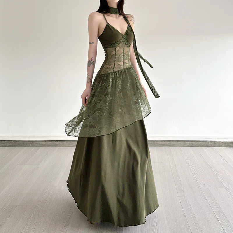Fairy Grunge Moss Lace Halter Maxi Dress