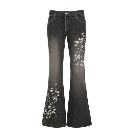 Jeans Y2K Floral Embroidery Low Rise Flared