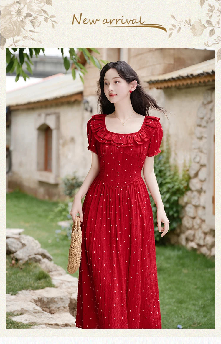 Cottagecore Dotted Ruffle Midi Dress