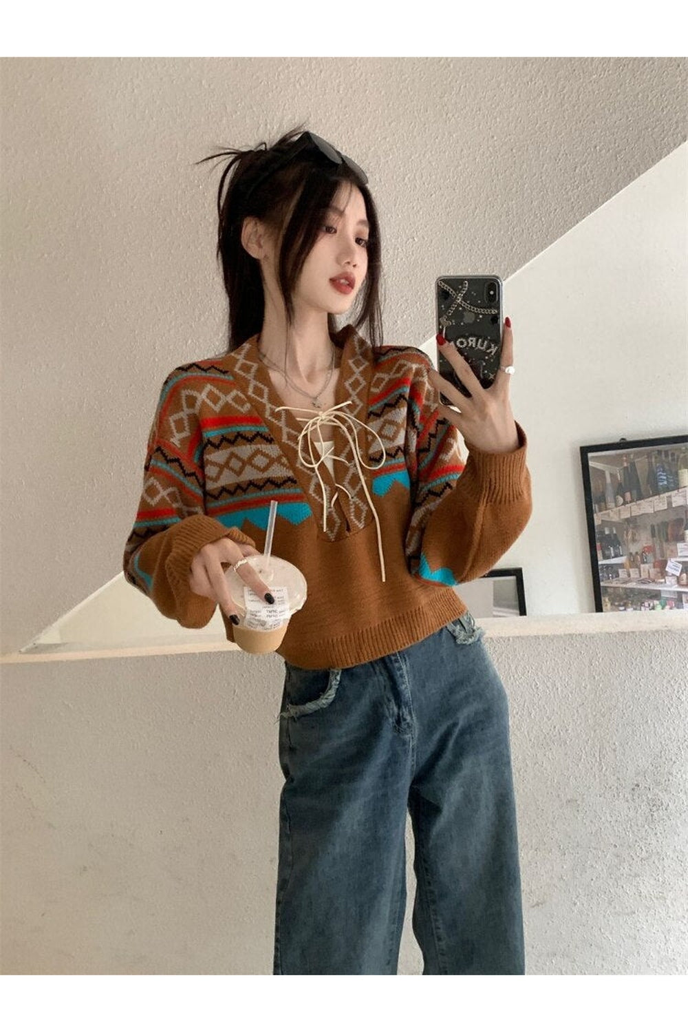 Lace-up V-neck Fall Sweater cottagecoreclothes