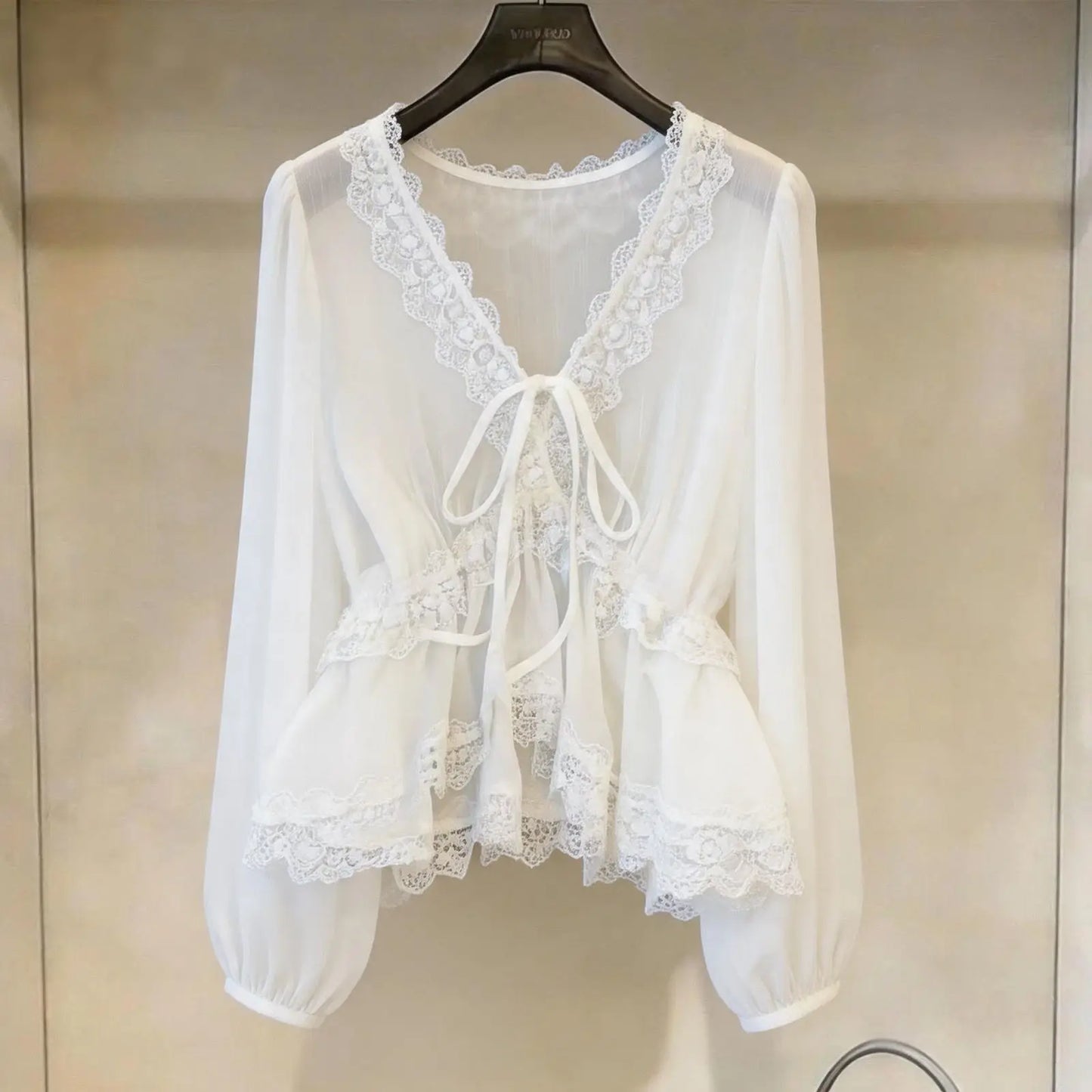 Ethereal Lace-Trimmed Tie-Front Blouse