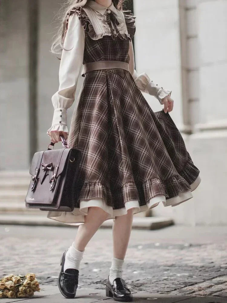 Dark Cottagecore Autumn Plaid Pinafore Set