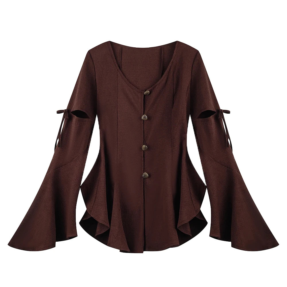 Dark Cottagecore Slashed Bell Sleeve Blouse in Deep Mahogany