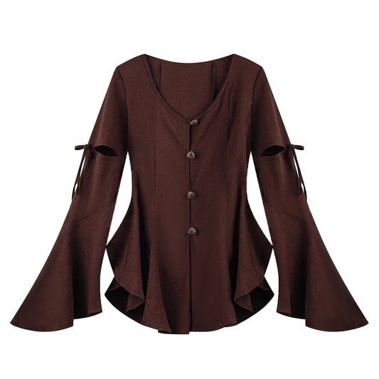 Dark Cottagecore Slashed Bell Sleeve Blouse in Deep Mahogany
