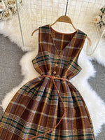 Vintage Plaid V-Neck Buttoned Dress