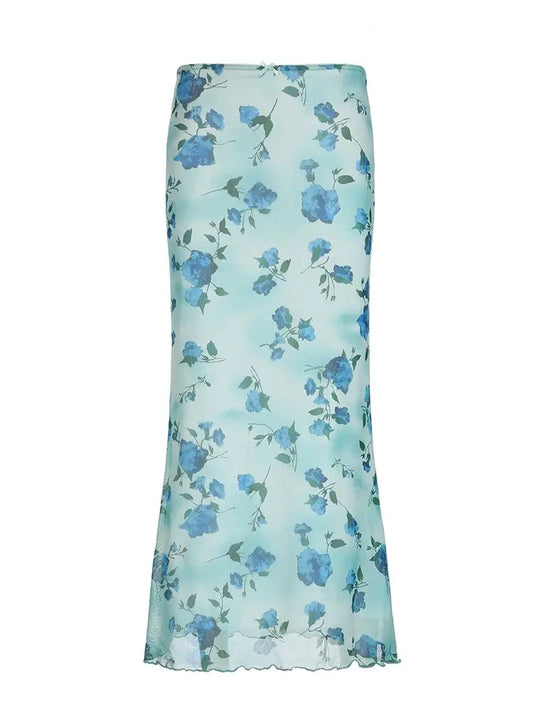 Fairycore Blue Rose Chiffon Midi Skirt