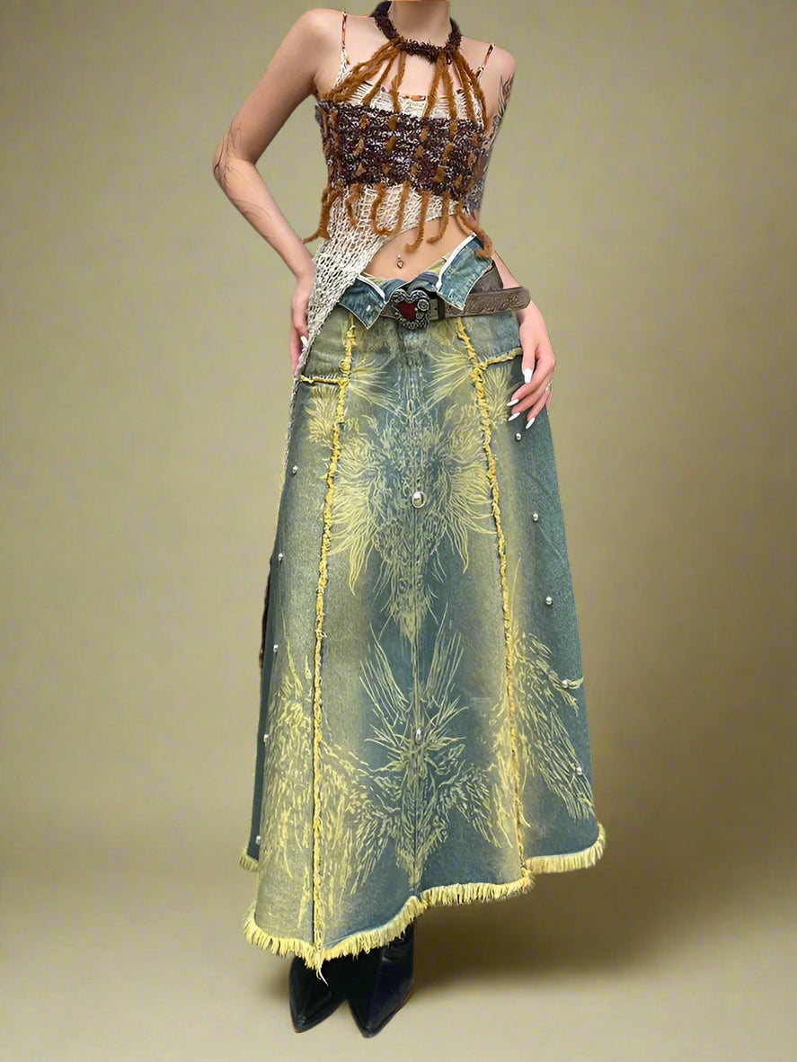 Fairy grunge Distressed Forest-Inspired Denim Skirt cottagecoreclothes