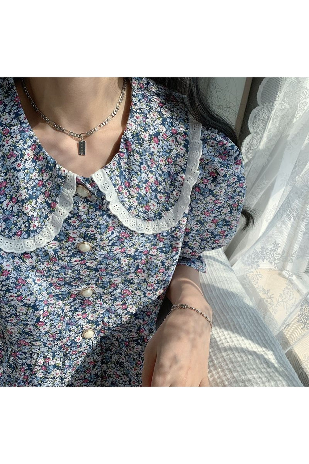 Blue Floral Lace Collar Shirt cottagecoreclothes