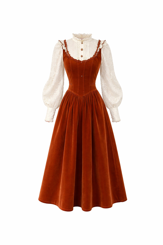 Vintage Aesthetic Foxglove Velvet & Lace Midi Dress