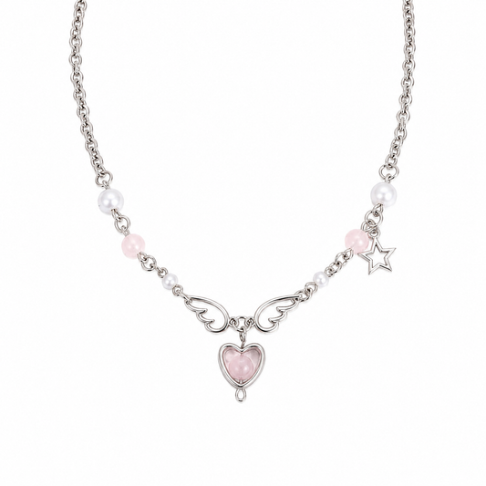 Fairycore Angel Wing Heart Stone Necklace with Pearl & Star Charms