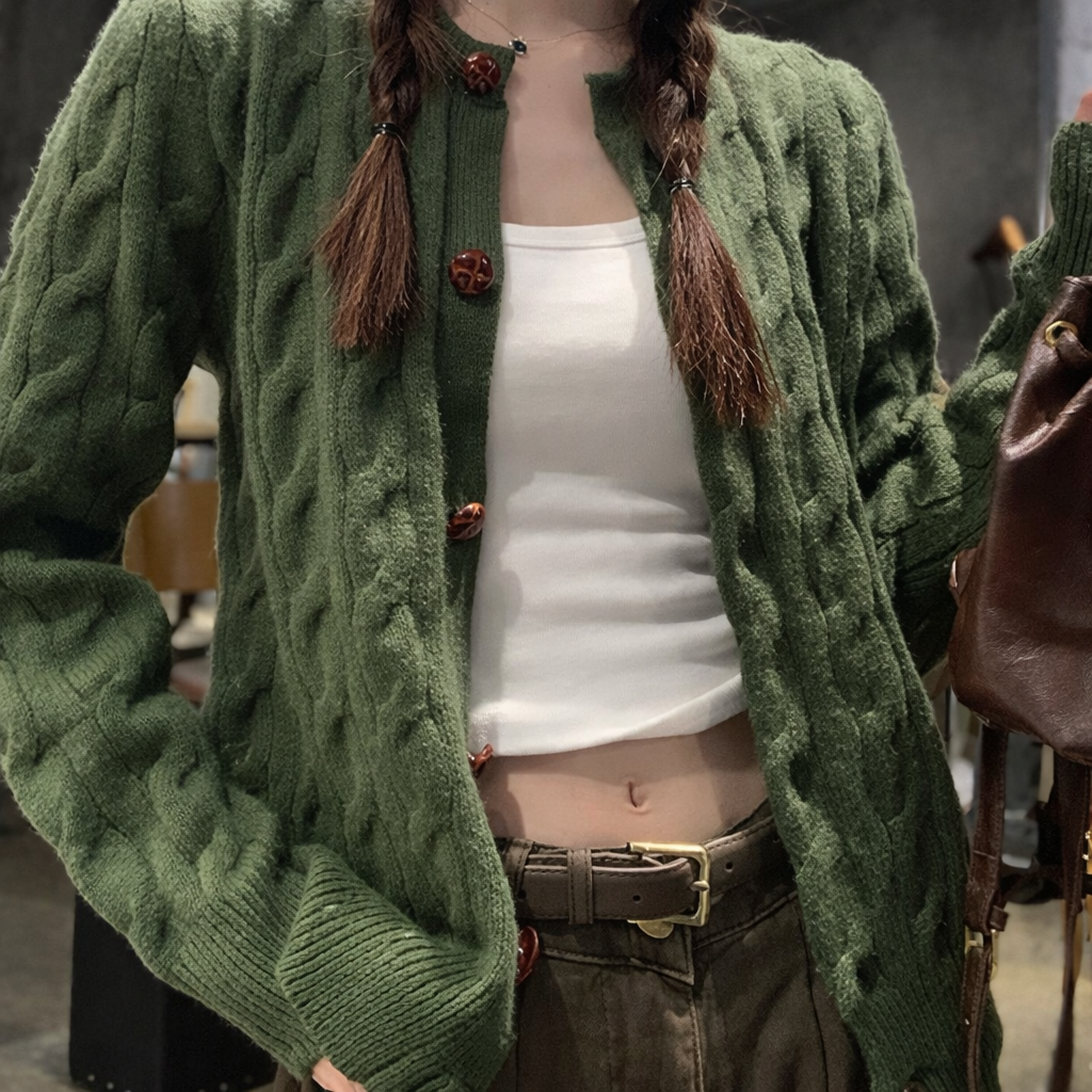 Goblincore Mossy Cable-Knit Button Cardigan