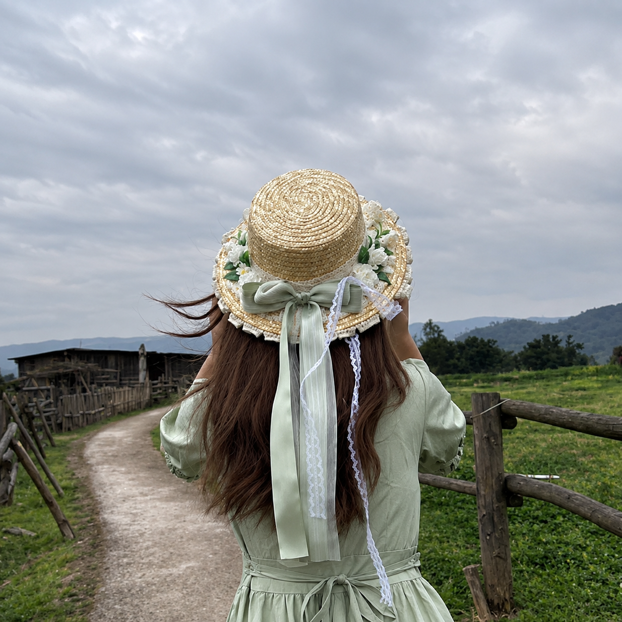 Cottagecore Floral Lace Straw Hat with Ribbon Bow