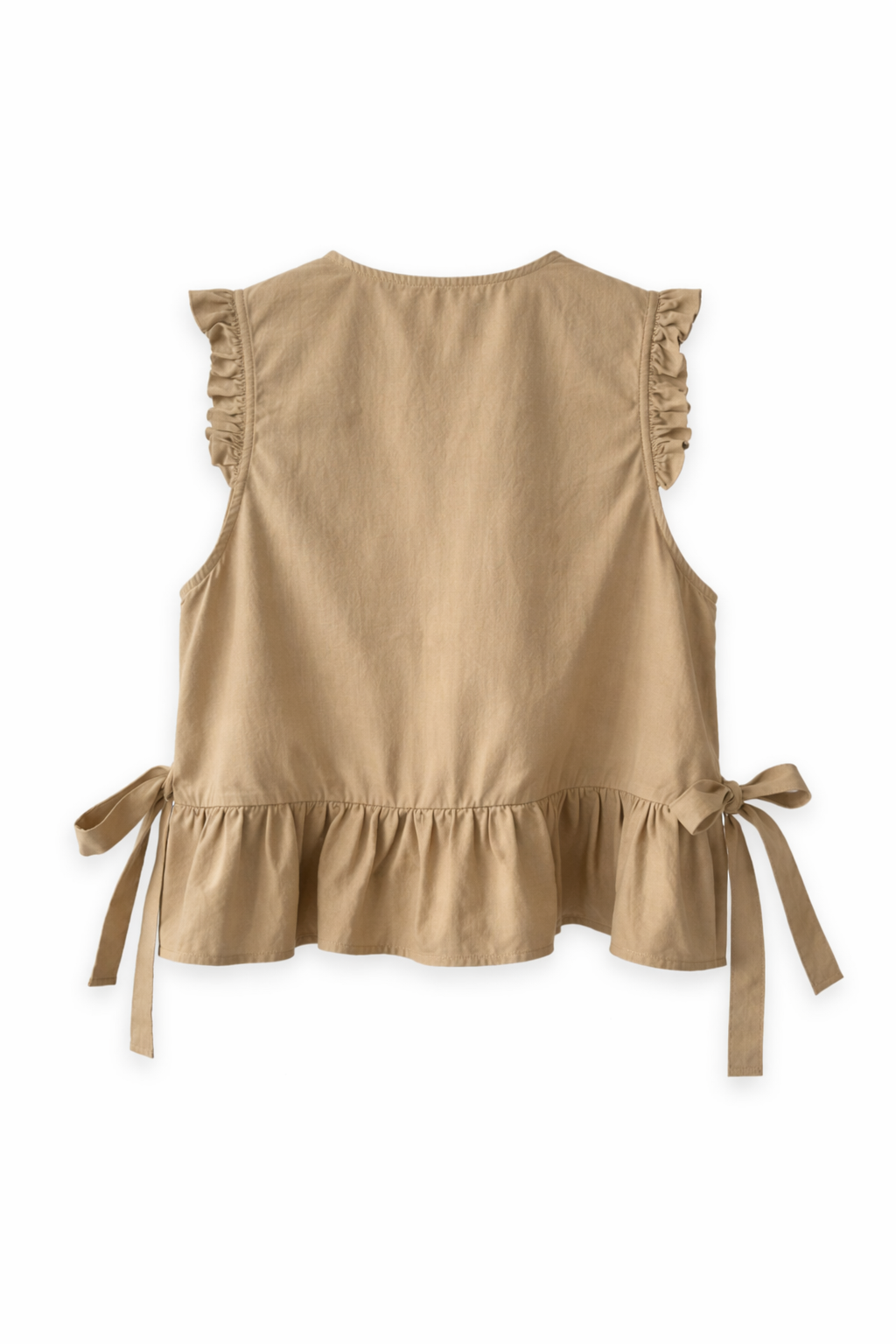 Mori Girl Ruffle-Shoulder Tie Vest in Sand