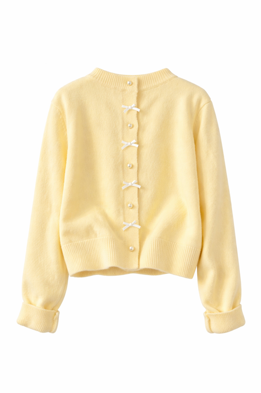 Fairycore Buttercream Pearl & Bow Knit Cardigan
