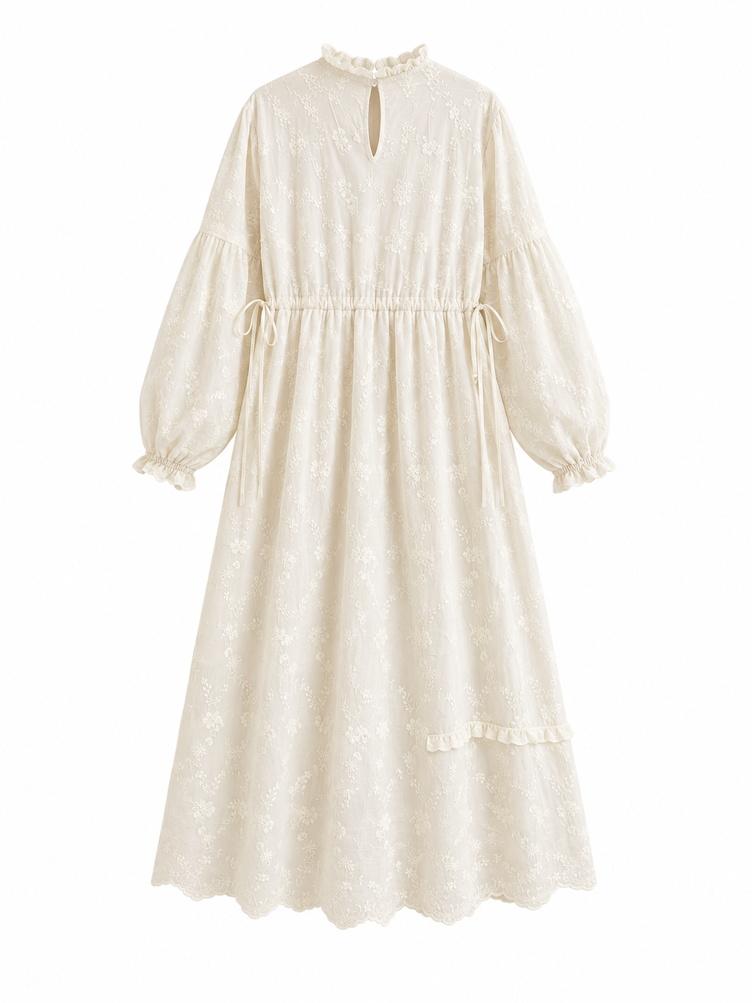 Mori Girl Ivory Embroidered Ruffle Midi Dress