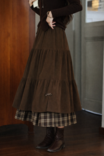 Corduroy Plaid Bow Long Skirt