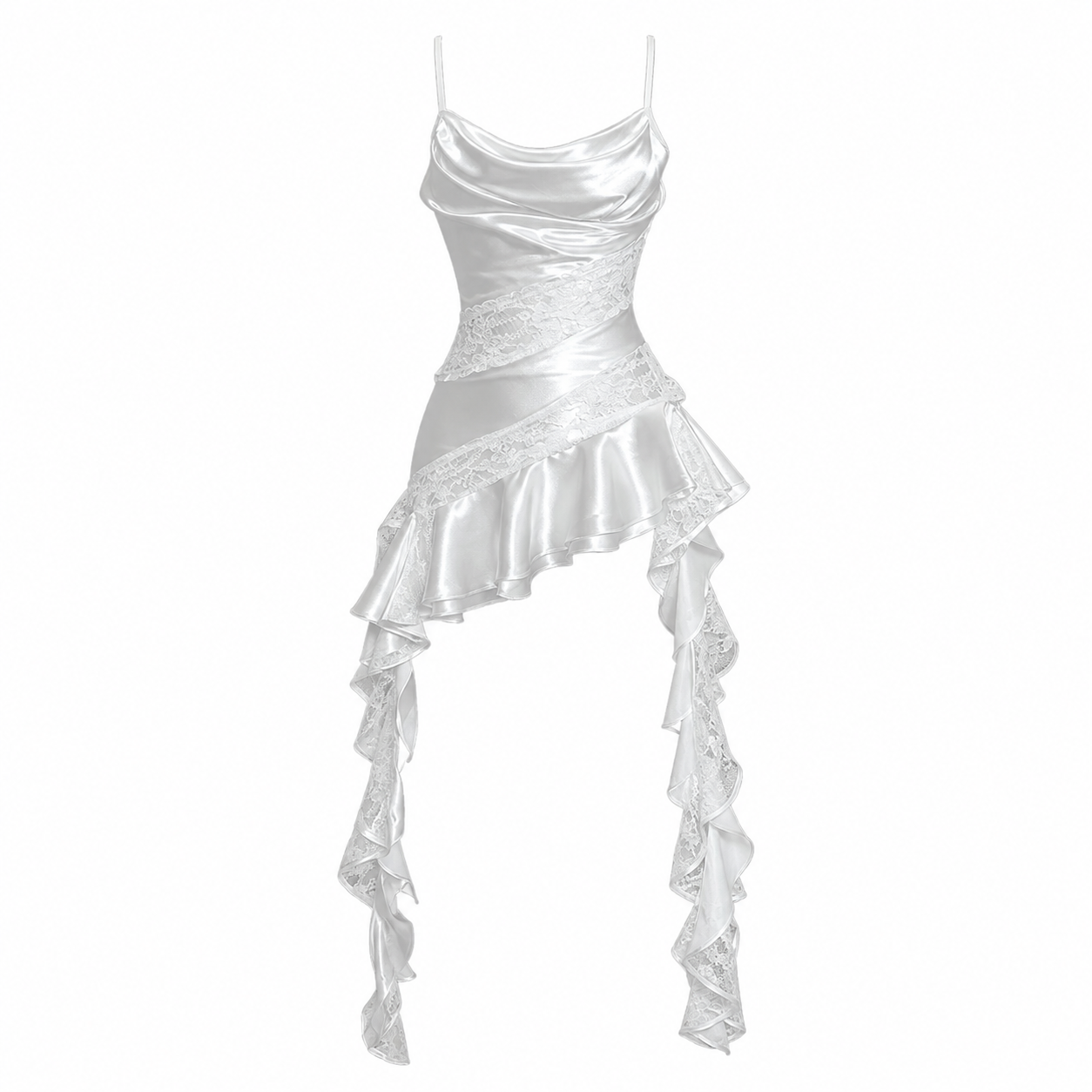 Ethereal White Satin Lace Cascade Mini Dress