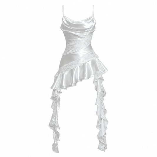 Ethereal White Satin Lace Cascade Mini Dress