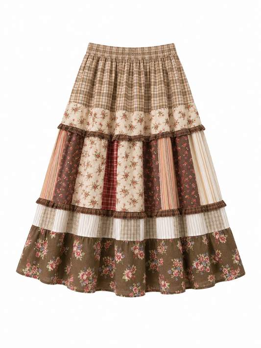 Mori Kei Floral Plaid Patchwork Skirt