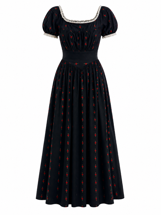 Dark Cottagecore Crimson Rose Puff Sleeve Maxi Dress