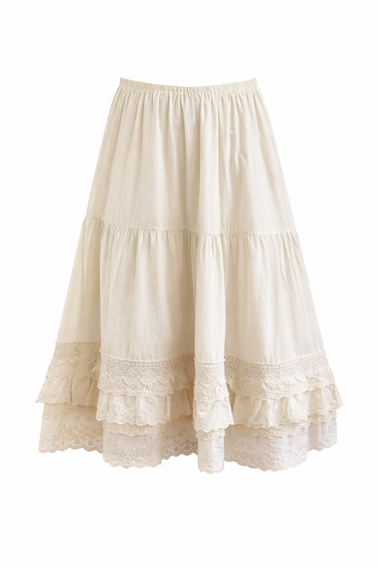 Mori Girl Ivory Cotton Tiered Lace Ruffle Midi Skirt