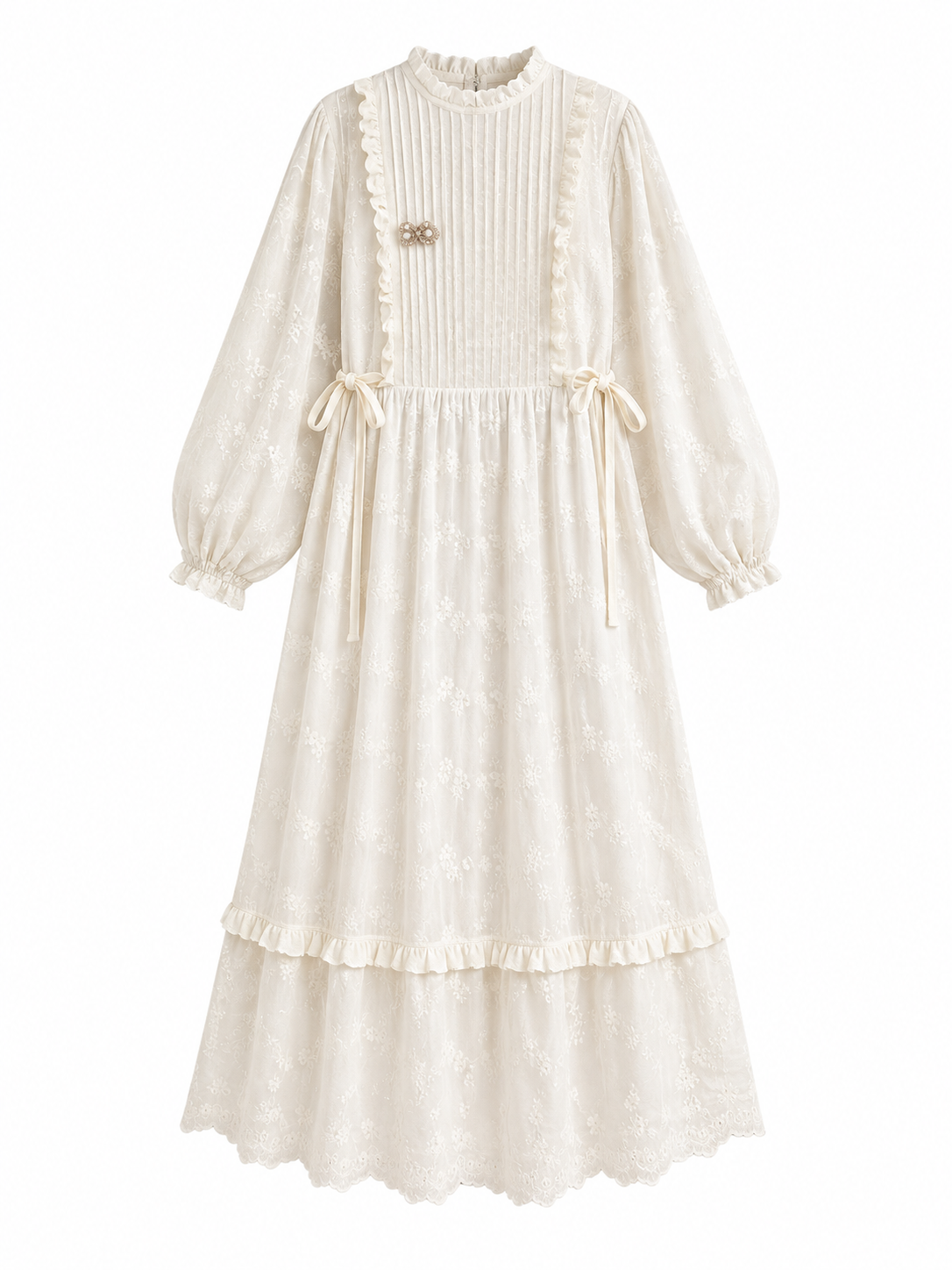 Mori Girl Ivory Embroidered Ruffle Midi Dress
