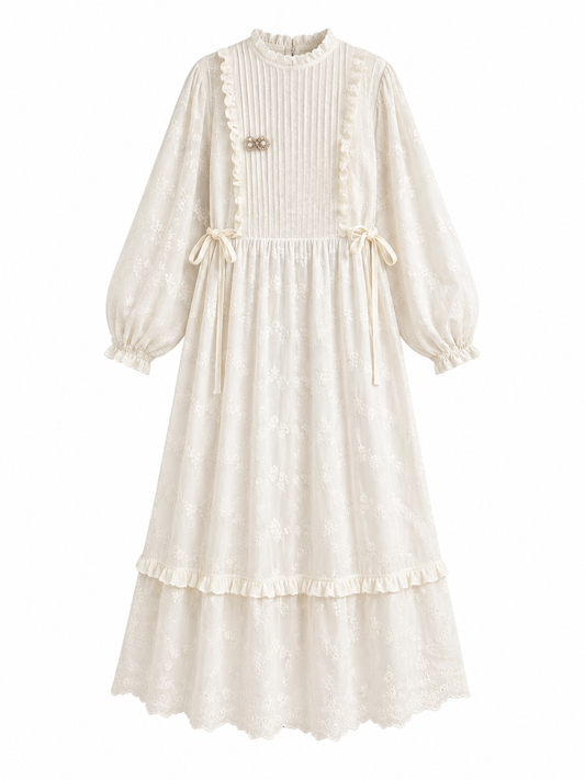 Mori Girl Ivory Embroidered Ruffle Midi Dress