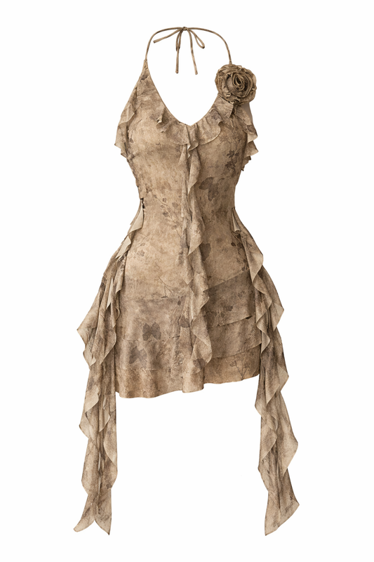 Halter Dress Lace Trim Asymmetrical Mini