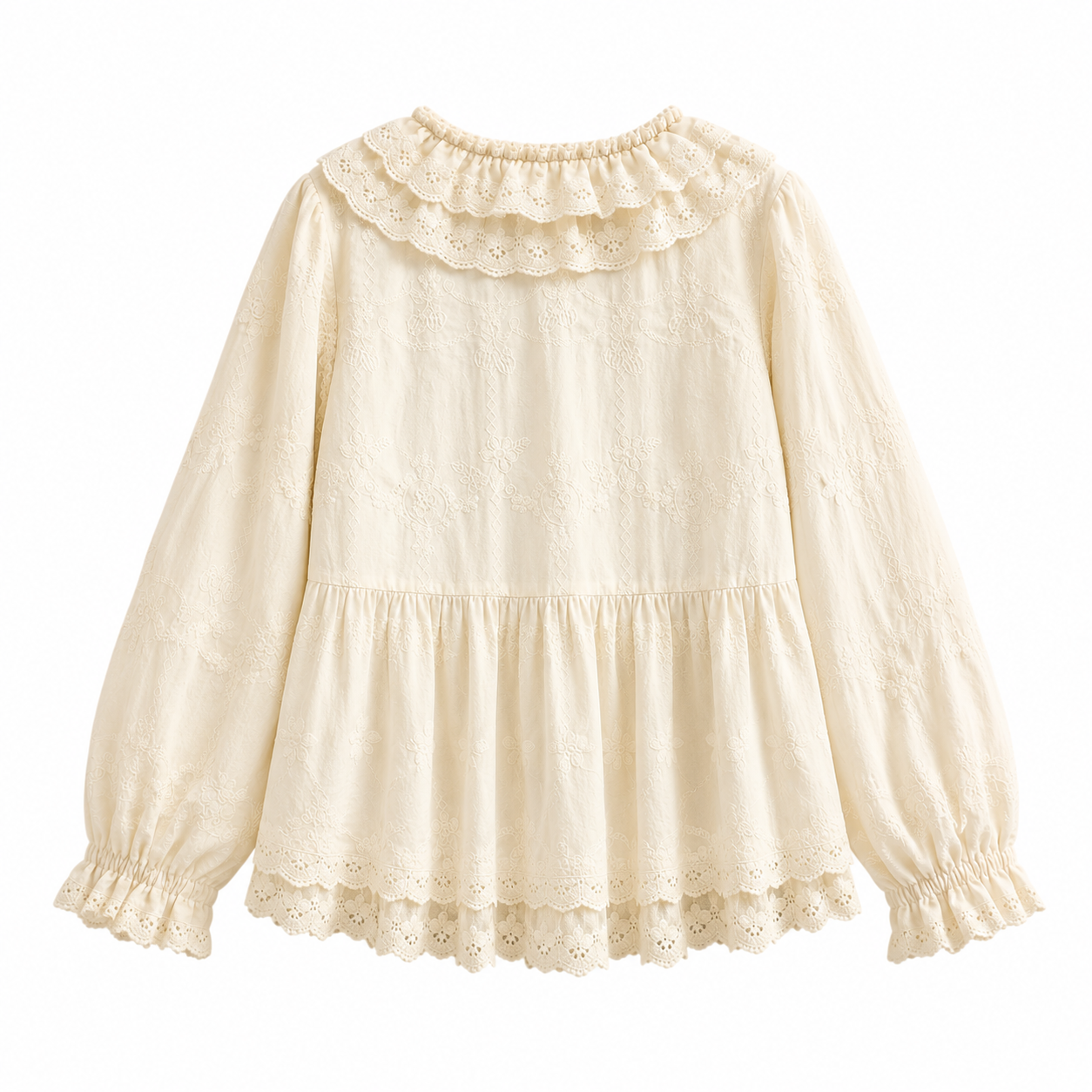 Mori Girl Cream Lace Ruffle Embroidery Blouse
