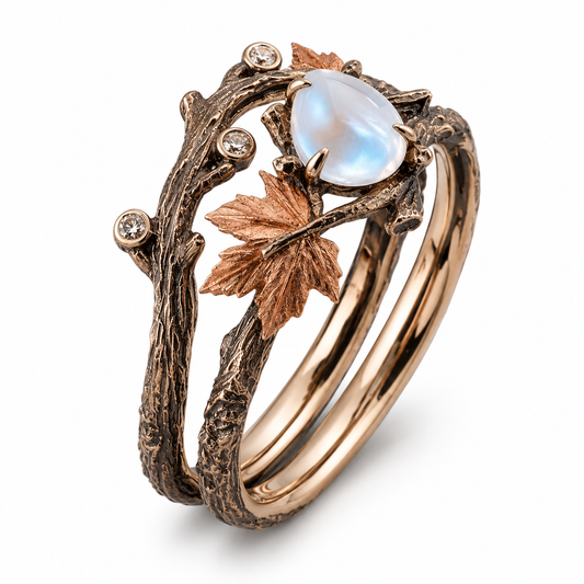 Goblincore Moonstone Twig & Maple Leaf Stacking Ring
