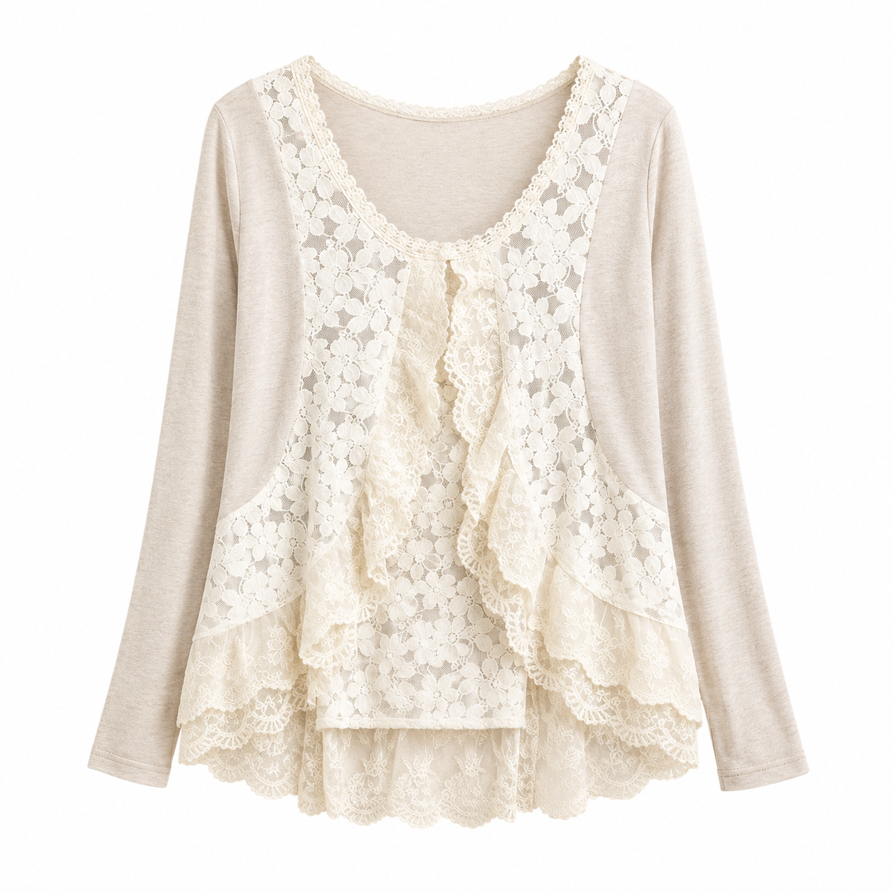 Mori Girl Layered Lace Ruffle Shirt in Oatmeal
