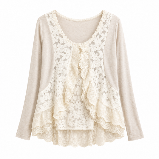 Mori Girl Layered Lace Ruffle Shirt in Oatmeal